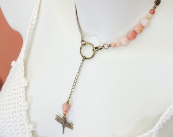 Lariat Bib necklace, Aventurine pink stone leather choker, dragonfly bohemian jewelry.