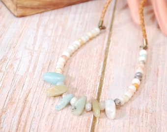 Stylish stone leather necklace, Amazonite stone beaded necklace, spring outfit accessories, business lady