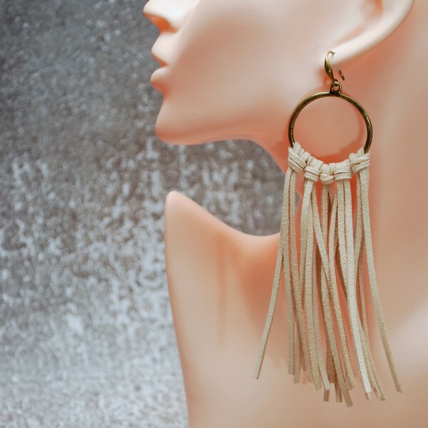 Clearance sale - 70% off ends May 15th or while stocks last - Large Leather Tassel Earrings - Bold Black, Beige, and Brown  6"