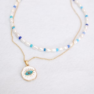 Set of 2 necklace, Y2K freshwater pearl & seed beads choker, gold stainless steel eye pendant, adjustable