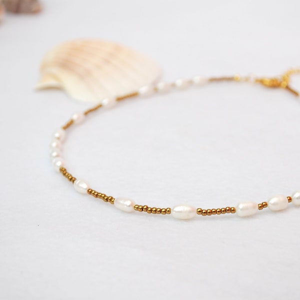 LAST ONE - Final stock clearance - no restocking - 50% - Freshwater Pearls & Golden Beads Choker Necklace: Bohemian Glamour, New Age Jewelry