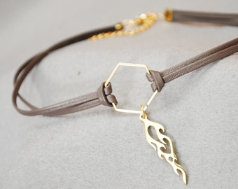 Gold Leather Choker - 13 Inches with Adjustable Chain: Hexagonal Pendant, Stainless Steel, Sleek and Sensual Accessory