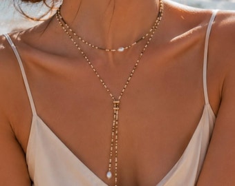 Boho Pearl Lariat Necklace, Adjustable, Long,Freshwater Pearl, Minimalist Beach Jewelry, Gift for Her, 14"+ 3" extender chain