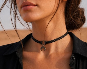 Black Genuine Leather Crescent Collar, Stainless Steel Gothic Jewelry, Biker Style, 13" - 33cm