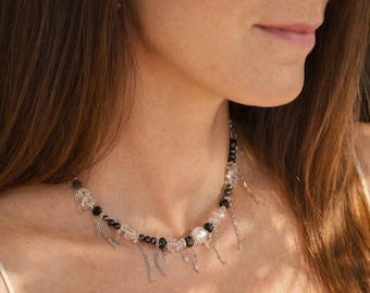 Baroque Pearl Choker Necklace with Fringe | Hematite Crystal Necklace | Edgy Statement Pearl Jewelry | Chunky Dark Aesthetic Gift for Her