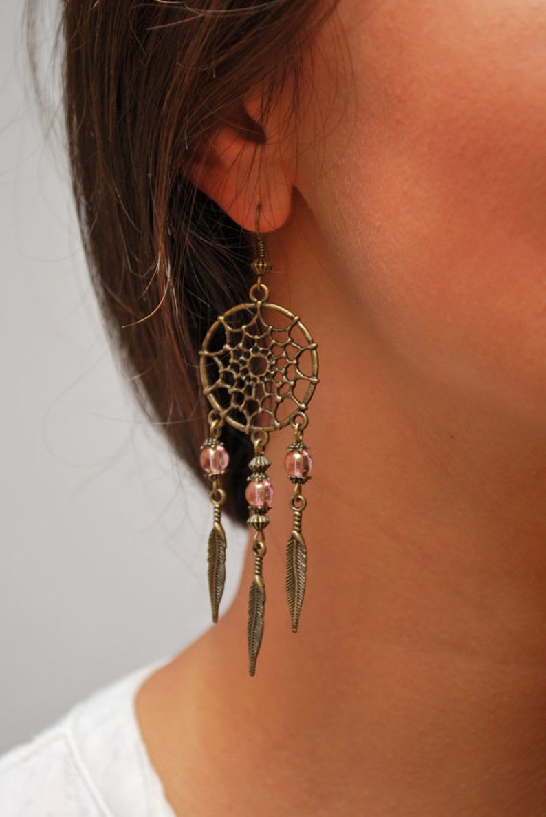 Final stock clearance no restocking 50% Pink Dream Catcher earrings, hippie long feather jewelry, DreamCatcher style, free spirit image 3