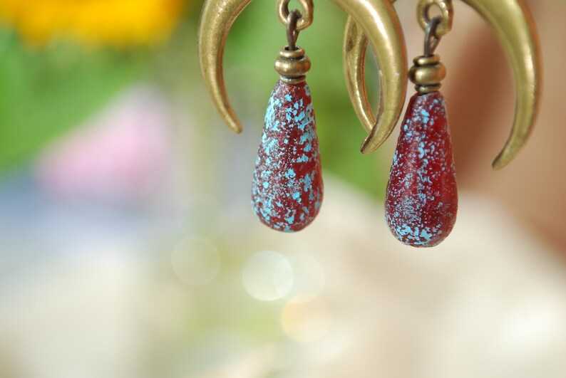 Moon phases earrings, boho bronze dangles, fake seaglas teardrop beaded earrings, sizze 7cm 2.75 inches image 7