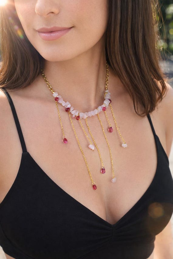 Rose Quartz Cascade Necklace – Czech Teardrop Beads, Boho Chic