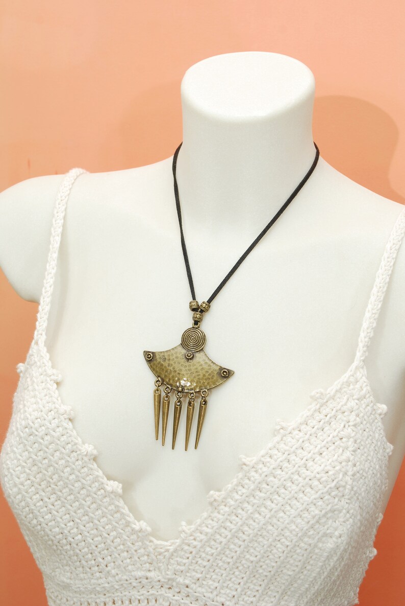 Sexy Leather Wrap Necklace, Black Suede Cord, Spike Ethnic Big Pendant, Estibela Design, Boho Wrap Necklace image 6