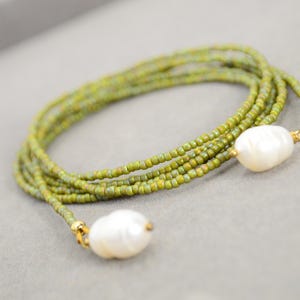 Olive Green Boho Pearl Wrap Necklace – Y Lariat Necklace for Women, Bridesmaid Jewelry. 120cm - 47"