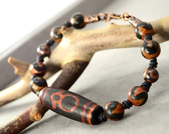 Tibetan Dzi Agate Bracelet, Black Agate Beaded Bracelet, Handmade Dzi Tibetan Protection Jewelry for Men and Women, Spiritual Boho Gift