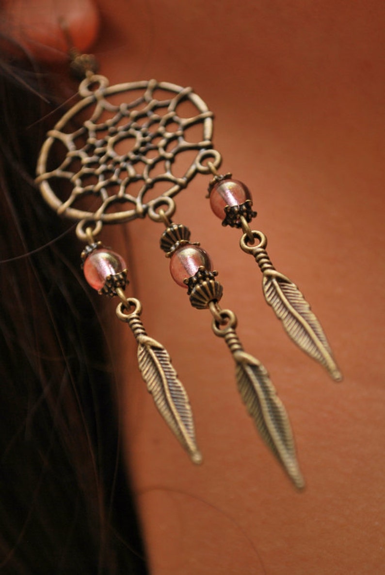 Final stock clearance no restocking 50% Pink Dream Catcher earrings, hippie long feather jewelry, DreamCatcher style, free spirit image 2