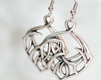 Wild abstract form silver tone earrings, large earrings, Dangling Bohemian Earrings,  2" - 5.5cm