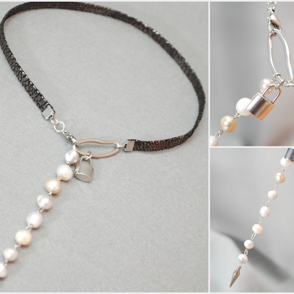 Ethnic-Inspired Choker y Y-Necklace: Handcrafted Boho-Chic Leather Jewelry Adorned with Freshwater Pearl Beads by Estibela Design