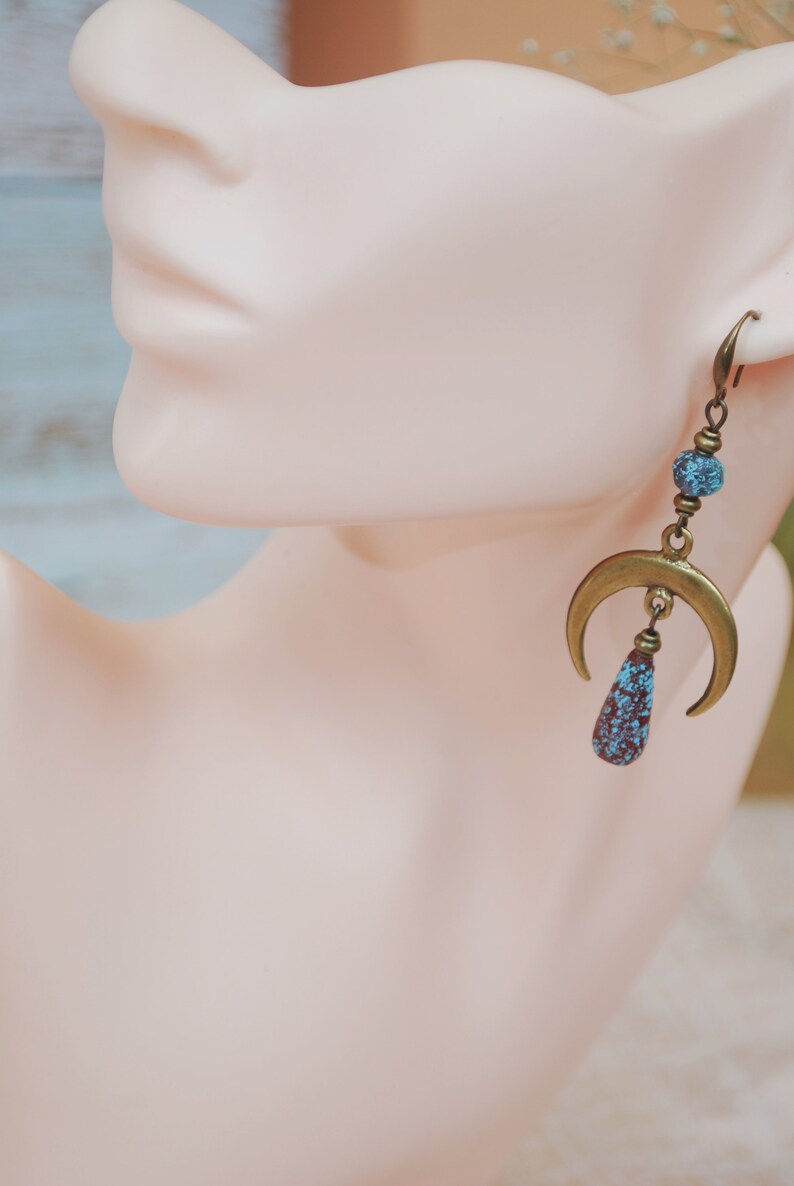 Moon phases earrings, boho bronze dangles, fake seaglas teardrop beaded earrings, sizze 7cm 2.75 inches image 8