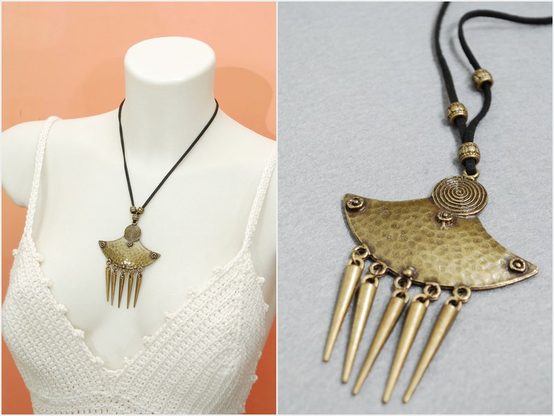 Sexy Leather Wrap Necklace, Black Suede Cord, Spike Ethnic Big Pendant, Estibela Design, Boho Wrap Necklace image 1