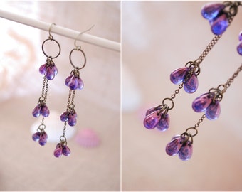 Cascade earrings, long chain brass earrings, purple teardrop earrings, , length 9cm 3,5 inches