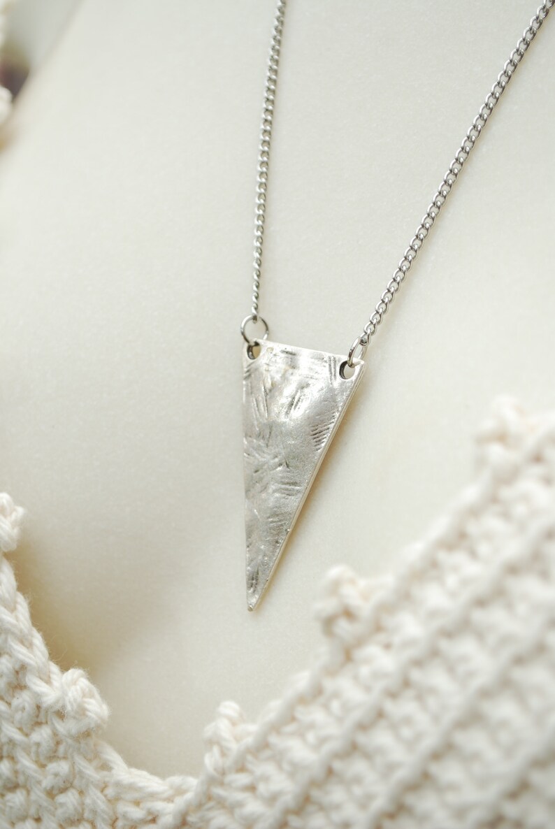 LAST ONE Final stock clearance no restocking 50% Geometric texture triangle pendant, boho silver stainless steel chain necklace image 3