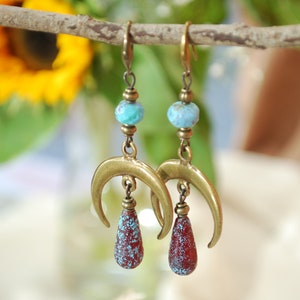 Moon phases earrings, boho bronze dangles, fake seaglas teardrop beaded earrings, sizze 7cm 2.75 inches image 2