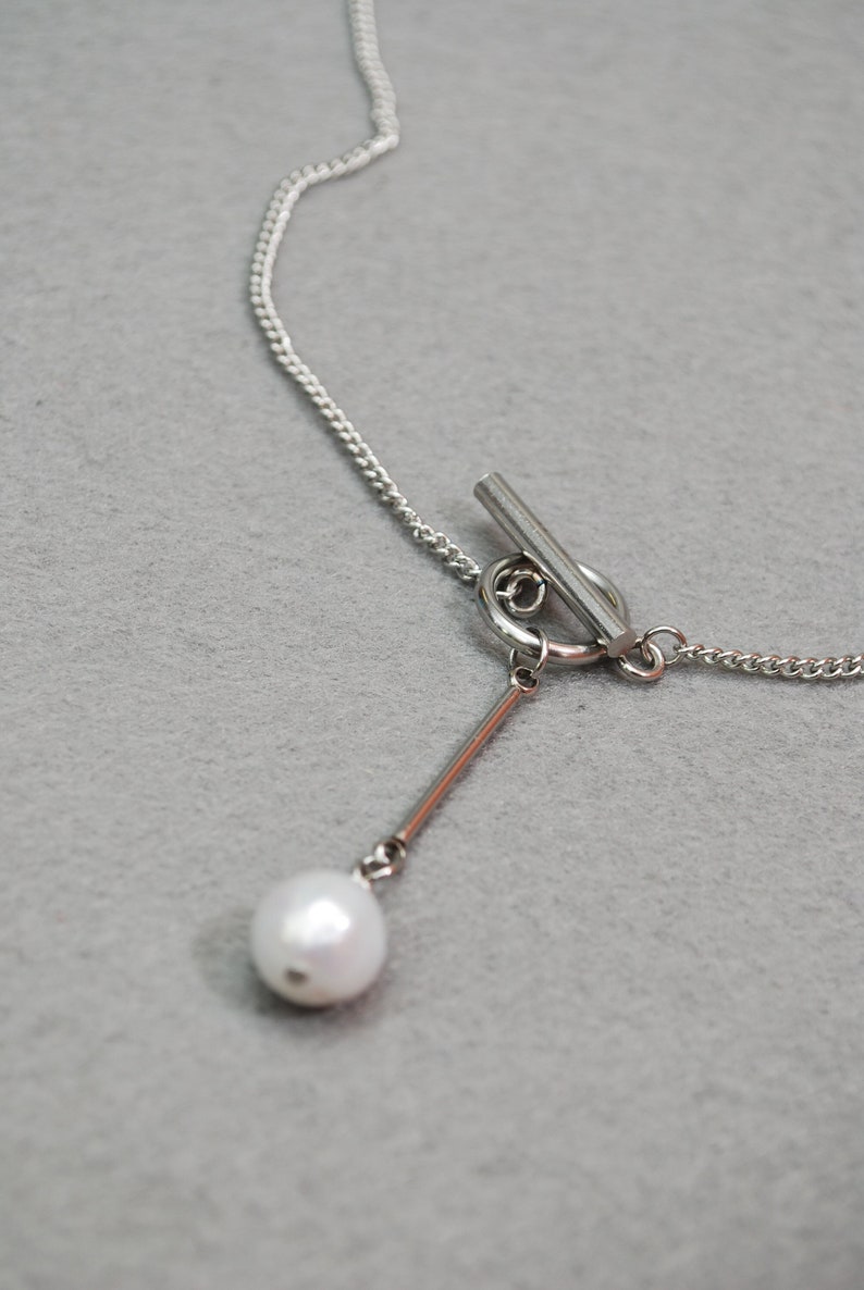 Minimalist Freshwater Pearl Necklace Choker with Stainless Steel Chain. image 3