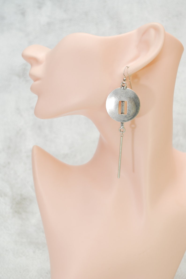 Artisanal Elegance: Limited Edition Antique Silver Abstract Long Earrings, 10cm 4 image 5