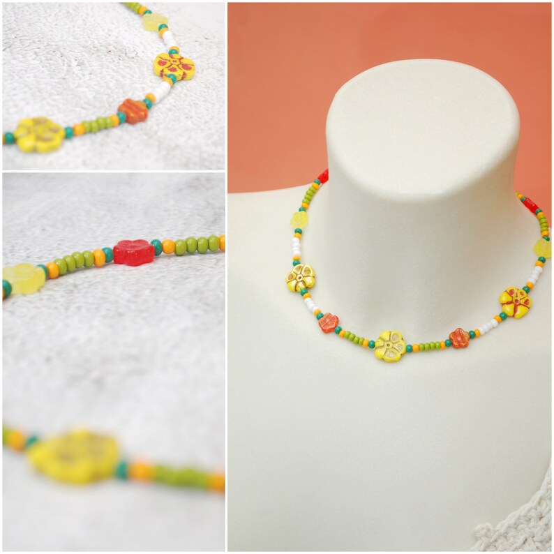 Bright colorful y2k choker, yellow green red flower necklace, trend beaded necklace, 39,5cm 15.5 chic style image 1