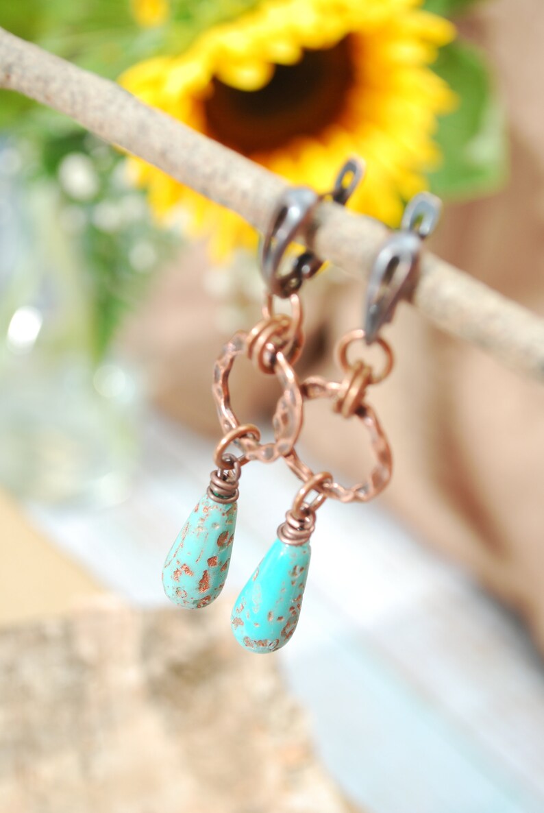 Rustic Fashion Beaded Earrings, Copper Earrings, Chick Bohemian Hoops, Large Dangles 6,5cm 2,5 Blue