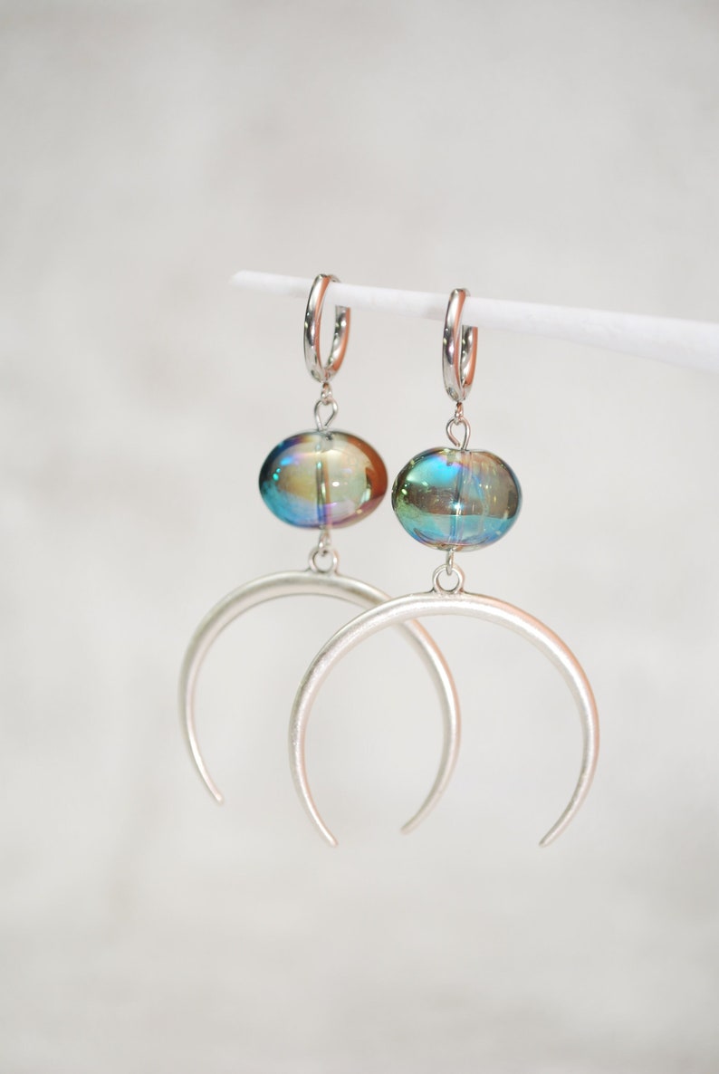 Large half moon earrings, big oval glass earrings, stainless steel hook, 6.5cm 2.5 image 1