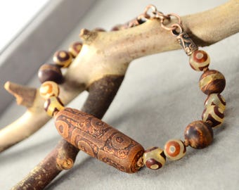 Tibetan Dzi Agate Bracelet, Brown Dzi Tibetan Bead Bracelet, Natural Agate Stone Jewelry for Men and Women, Spiritual Protection Gift