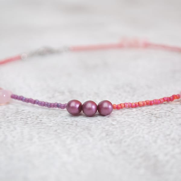 Final stock clearance - no restocking - 50% - Teardrop beaded choker, 90th style, pink purple necklace, stainless steel, 37cm