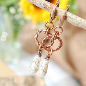 Rustic Fashion Beaded Earrings, Copper Earrings, Chick Bohemian Hoops, Large Dangles 6,5cm 2,5 White