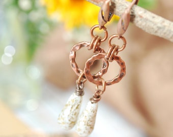 Rustic Fashion Beaded Earrings, Copper Earrings, Chick Bohemian Hoops, Large Dangles 6,5cm 2,5"