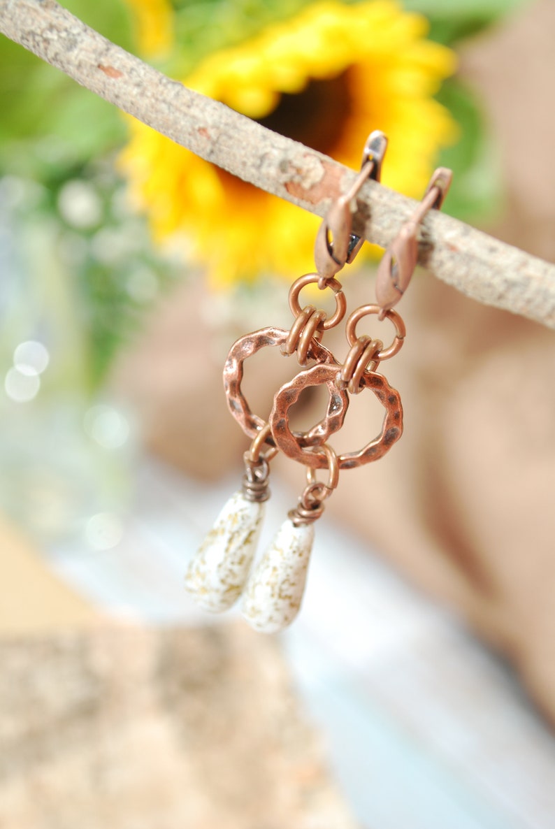 Rustic Fashion Beaded Earrings, Copper Earrings, Chick Bohemian Hoops, Large Dangles 6,5cm 2,5 White