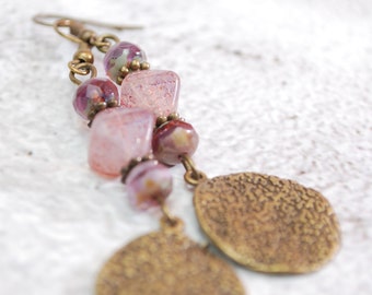 CLEARANCE SALE - 50% - Boho earrings, bronze earrings, purple pink beads earrings, stylish delicate earrings, everyday, 2.5"  6.5cm