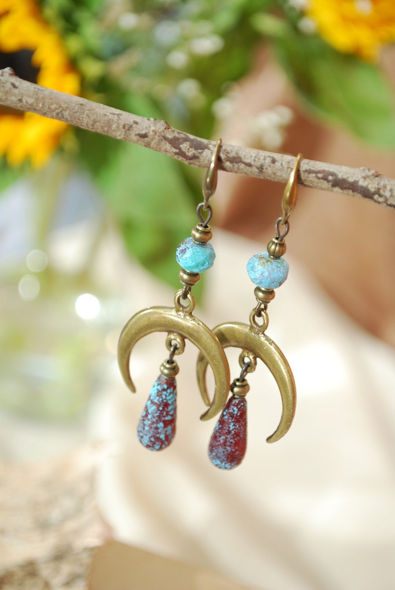 Moon phases earrings, boho bronze dangles, fake seaglas teardrop beaded earrings, sizze 7cm 2.75 inches image 1