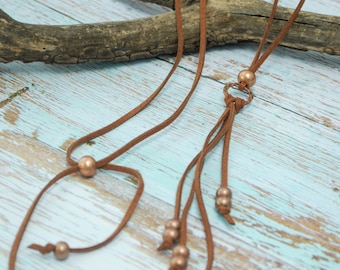 Unique boho leather brown necklace. Beaded  ring fringe necklace, Rustic copper extra long necklace, Gypsy style necklace