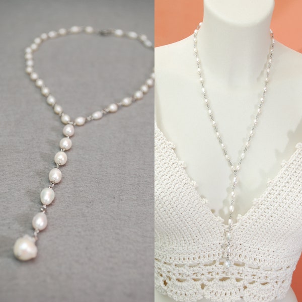 Collier de perles extra long, collier sexy en acier inoxydable unique, style mariage bohème, collier blanc, 55 cm 21 po