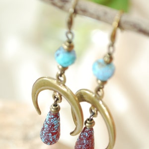 Moon phases earrings, boho bronze dangles, fake seaglas teardrop beaded earrings, sizze 7cm 2.75 inches image 6