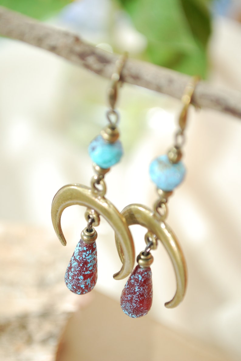 Moon phases earrings, boho bronze dangles, fake seaglas teardrop beaded earrings, sizze 7cm 2.75 inches image 6