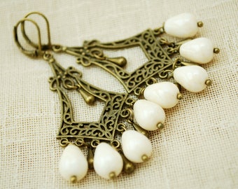 Vintage style jewelry, teardrop Bohemian earrings,  Statement jewelry, bronze boho earrings, ecru white beaded earrings