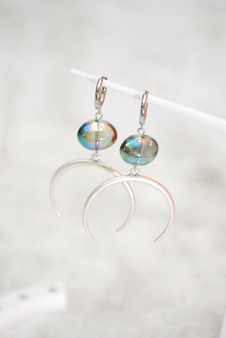 Large half moon earrings, big oval glass earrings, stainless steel hook, 6.5cm 2.5 image 2