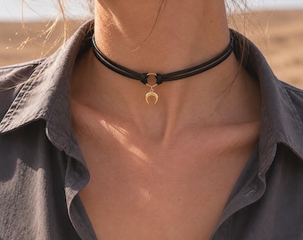 Dark Brown Leather Choker, Charm Necklace, Moon Star Pearl Hamsa Pendant