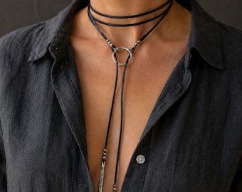 Black Leather Wrap Lariat Necklace, Silver Spike Y Choker, Boho Gothic Leather Necklace