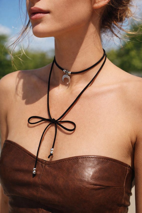 Gothic Crescent Moon Pendant Necklace - Faux Leather Cord - Vegan friendly leather