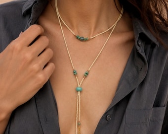 Boho Beaded Lariat Necklace, Czech Glass Y Necklace, Adjustable Wrap Choker, Stainless Steel Necklace, Coastal Minimal Jewelry Gift