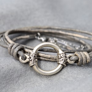 Distressed Green Leather Bracelet - Adjustable Boho Silver Ring