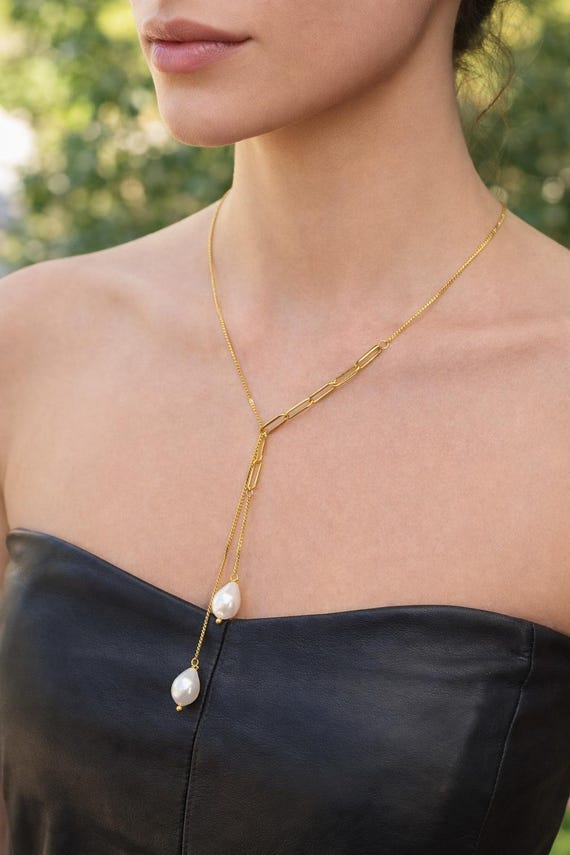 Gold Y Necklace – Stainless Steel, Freshwater Pearl Lariat