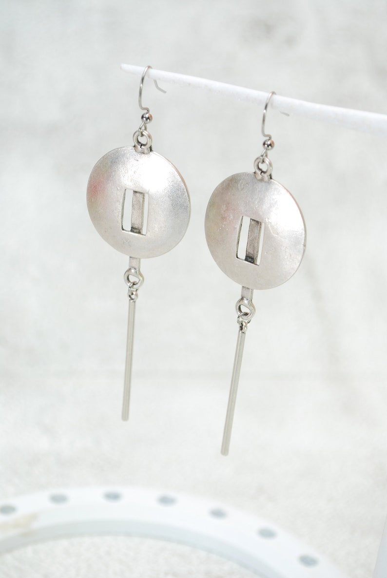 Artisanal Elegance: Limited Edition Antique Silver Abstract Long Earrings, 10cm 4 image 2