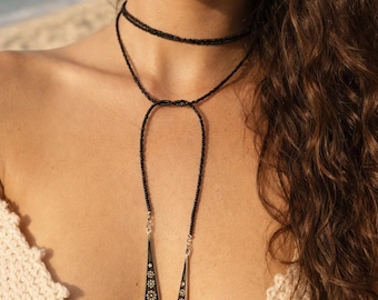 Boho Lariat Necklace, Black Beaded WrapY Necklace, Minimalist Choker, Layered Boho Jewelry, Festival Necklace, Gift for Her - 45"