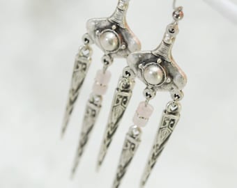 Pink Tribal Statement Earrings – Boho Silver Drop Earrings, Festival & Cowgirl Jewelry
